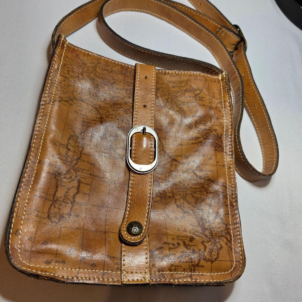 Patricia Nash Crossbody Bag Womens Small Brown Leather Map Print Travel Snap